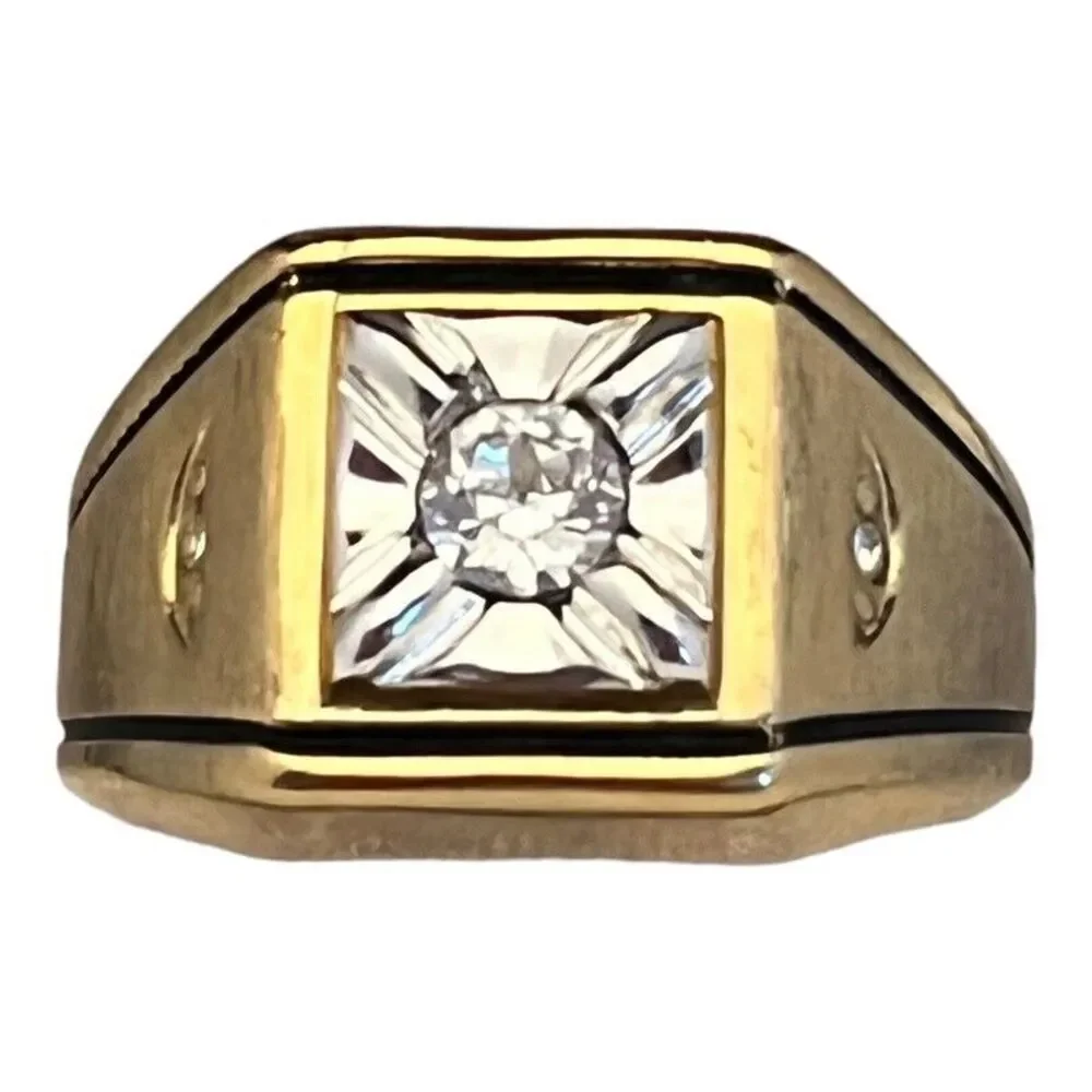 Vintage 1970s Ring Size 7 Uncas CZ Square Bezel Textured Gold Plated - 14O